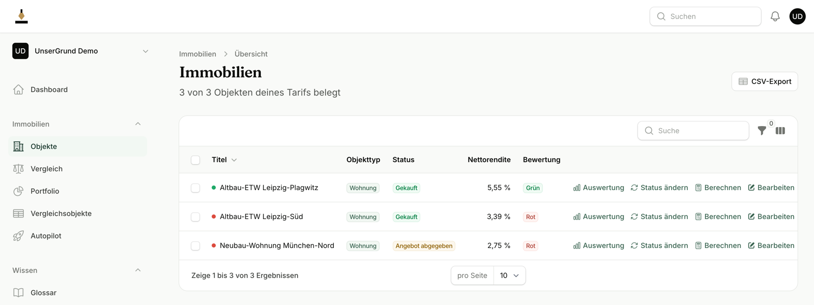 Objektliste in UnserGrund mit Status-Pipeline, Ampel-Bewertung und CSV-Export